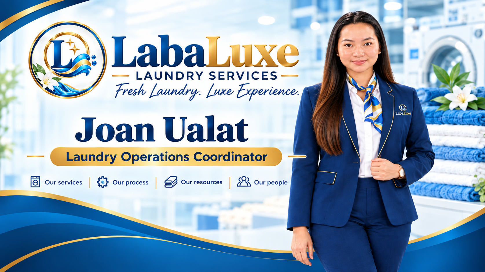 LabaLuxe Laundry Services banner featuring Joan Ualat, Laundry Operations Coordinator